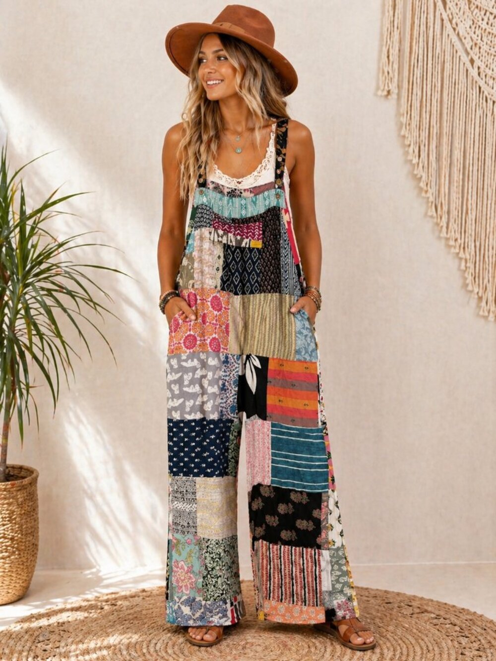 Boho Patchwork Jumpsuit Overalls; One Size